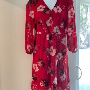 A NEW DAY Red & White Floral Long Sleeve V-Neck Semi Sheer Lined midi Dress L